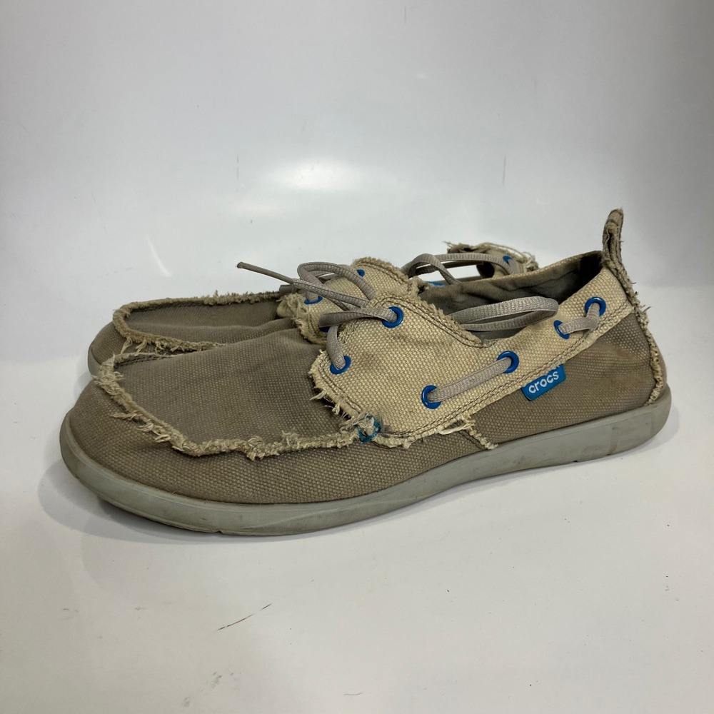 Crocs tan canvas loafers slip on shoes mens size 10 casual comfort shoes neutral